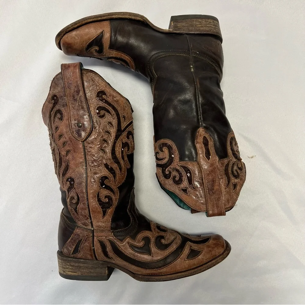 Corral Women’s Leather Two Tone Inlay Brown Square Toe Cowboy Boots Size 9.5 - Picture 5 of 9
